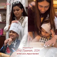A couple of sweet moments from our parent and child workshop. A mom helps her son with his chef hat while another guides her daughter in rolling the dough.