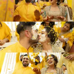 A collage of pure joy from Monika and Francisco's Haldi. It captures them sharing a kiss amidst the turmeric paste and being showered with flower petals by their loved ones.