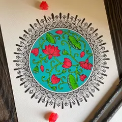 A divine fusion of two beautiful traditions: the spiritual calm of mandala art and the vibrant storytelling of Pichwai painting. This piece features classic lotus motifs within a mandala structure, creating a unique Indian fusion design that is both modern and timeless.