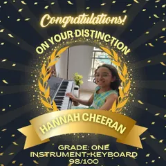 Another phenomenal result for Hannah Cheeran, who scored an incredible 98 out of 100 in her Grade 1 face to face Electronic Keyboard exam. Her consistency and dedication to her keyboard lessons are truly inspiring.