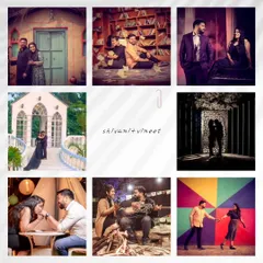 This pre-wedding album spread showcases the variety of a single shoot, from romantic and formal to fun and casual, all tied together with the couple's names.