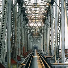 The powerful, repeating lines of a railway bridge create a vanishing point. The industrial geometry and play of light and shadow make for a compelling architectural photograph.