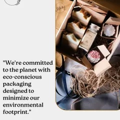 This image shows the contents of one of my eco-conscious gift boxes. It includes a mix of my handmade soaps, bath salts, and meringue-shaped fizzies, all carefully arranged to minimize our environmental footprint.