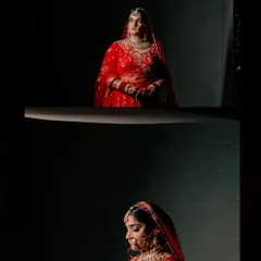 A two-panel collage of the bride in her stunning red lehenga, creating a dramatic and artistic bridal portrait.