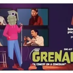 The promotional graphic for "Grenade," a one act situational comedy in Hindi and English about a stand up comedian's chaotic personal life.