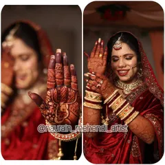 A beautiful bride showing off her stunning bridal stain. The deep color on her hands beautifully complements her red wedding attire.