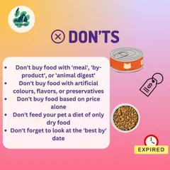 Here are the 'Don'ts' when buying pet food. Avoid artificial ingredients and don't just shop based on price. A healthy diet is the foundation of your pet's well-being.