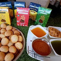 This is what happiness looks like. A full platter of crispy golgappe with all the fixings, ready to be enjoyed. My kits, like the Pudhina, Hing, and Khatta Meetha packs you see here, make it so easy.