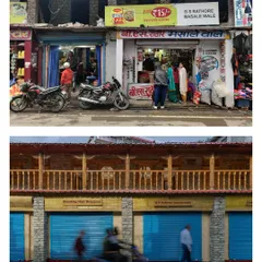 A powerful before and after comparison of the street facade, showing the complete revitalization from a cluttered storefront to a restored heritage building.