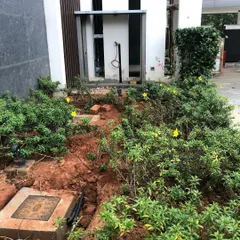 **Before:** This small bed next to the house was a challenging space, with exposed pipes and uneven ground. The client wanted something beautiful but easy to care for.