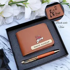 This sketch wallet combo includes a tan men's wallet with a name, charm, and a photo sketch on the back, paired with a matching personalized gold flake pen.
