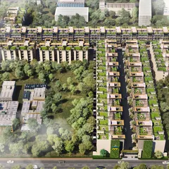 We use 3D bird's-eye views to communicate the full scope and vision of large-scale masterplans. This aerial rendering of a residential complex shows the entire layout, green spaces, and building arrangement, giving developers and buyers a clear understanding of the community's design.
