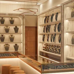 For this jewelry showroom, the goal was to create a bright, luxurious, and inviting space. I used warm lighting, reflective surfaces, and clean lines to make the jewelry the star of the show. The design includes custom display cases and comfortable seating for a premium customer experience.