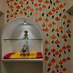 This mural of hanging marigolds was designed for a client's pooja corner in Mumbai. The goal was to create a feeling of constant celebration and auspiciousness in a sacred space.