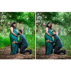 A classic and heartfelt pose that we love to capture. The father-to-be's gentle kiss on the baby bump in a lush green setting makes for a powerful and emotional photograph.