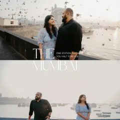 A stunning two-panel shot of a couple at the Gateway of India, with birds flying overhead. This iconic Mumbai pre-wedding photo captures both a grand scenic view and an intimate couple portrait.