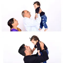 Three generations of love in one frame. This collage shows a baby boy being playfully lifted by his father and grandfather, capturing the joy that a new baby brings to the entire family.