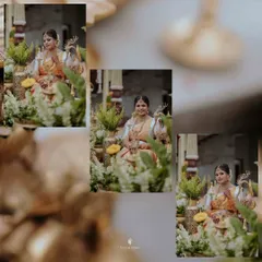 This collage shows the new mother seated amidst the beautiful floral and brass decor of the naming ceremony. The multiple angles provide a complete view of the festive setup.