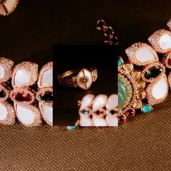 A creative collage focusing on the bride's unique, modern jewelry set.