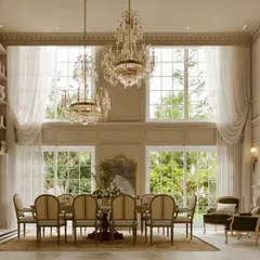 This double-height dining area is a celebration of scale and grandeur. I designed this space with soaring ceilings, intricate wall mouldings, and large crystal chandeliers to create an environment that feels both impressive and inviting for gatherings.