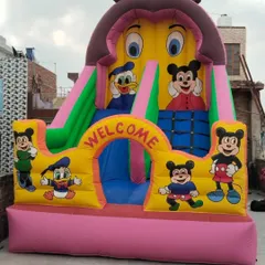 Another one of our popular Mickey Mouse and friends designs. This one is a bit more compact, with a single slide, making it great for smaller spaces or younger children's parties.