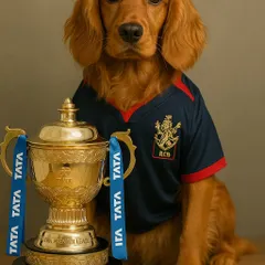A handsome portrait of Posto in his RCB jersey with the IPL trophy. He's our little champion.