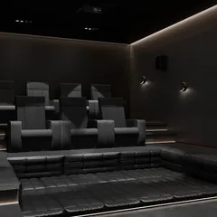 An alternate view of our 'Project Eclipse' design, emphasizing the dramatic, moody atmosphere created by the all-black interior and minimalist lighting. This setup is for the true cinephile who wants zero distractions and total immersion.