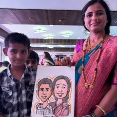 A proud mother and son with their dual caricature. These portraits are perfect for celebrating family connections at any event.