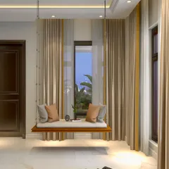 In this serene bedroom, we designed a custom hanging swing seat as a unique reading nook. This piece embodies our philosophy of intentional minimalism, creating a moment of quiet contemplation and visual lightness within the space.