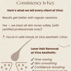 Consistency is the most important factor for achieving significant hair reduction. This graphic explains why multiple sessions are necessary for the best results and reassures you that at my clinic, we safely treat all skin tones with certified professionals. You are in safe hands here.