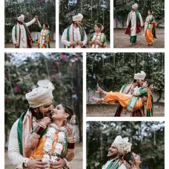 A collage of playful and romantic moments between the Marathi couple in their wedding attire, from sweet kisses to the groom lifting his bride in his arms.