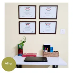 The same desk after a 15-minute tidy-up. With a simple basket for stationery and a clear surface, this workspace is now ready for focus and productivity. I also hung up my certificates to create an inspiring backdrop.