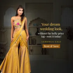 Get your dream wedding look without the hefty price tag. This mustard yellow sharara set with an embroidered crop top and attached drape is a trendy and vibrant choice for any pre-wedding celebration.