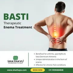 Basti, a therapeutic enema treatment, is highly effective for chronic pain conditions, especially Vata dominant ailments like arthritis and spondylitis. It works by cleansing the lower digestive tract and balancing the body's energies.