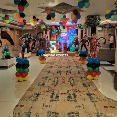 An action-packed superhero entrance for a 5th birthday party. I set up balloon columns with cutouts of Captain America, Superman, Iron Man, and Spiderman to welcome the guests.