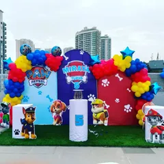 No job is too big, no pup is too small for this Paw Patrol themed birthday. We set up this outdoor party with colorful backdrops for each character, creating an action-packed celebration for a 5th birthday.