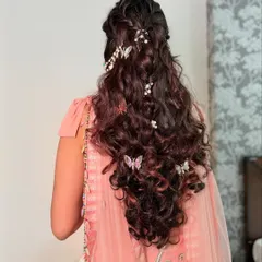 Another view of this intricate Mehendi hairstyle. The combination of braids, curls, and accessories creates a stunning effect from the back.