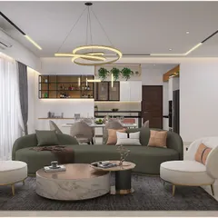 A contemporary living room render showcasing an open-plan layout that flows into the kitchen. The design uses a sophisticated green and neutral palette with modern furniture.