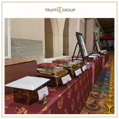 From setup hustle to pre event cheer. A look at our elegant buffet setup with traditional Indian block print linens and classic copper serving dishes.