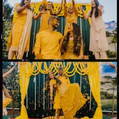 A film-strip style collage showing the pure, unadulterated fun of a Haldi. Friends showering the couple with flower petals creates a picture-perfect moment of celebration.