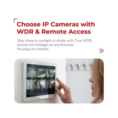 With IC Realtime IP cameras, you get sharp footage in any light thanks to True WDR. This image shows the multi-camera view on a tablet, allowing you to access live footage from anywhere.