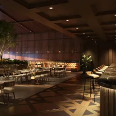 The interior of The Foresta's main restaurant was designed to be an experience of opulent luxury. I used rich wood textures, a dramatic coffered ceiling, and warm ambient lighting to create an atmosphere that is both refined and deeply inviting for an unforgettable dining experience.