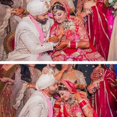 A collage of tender moments from the wedding ceremony. It shows the groom placing the ring on the bride's finger and sharing a sweet kiss on her forehead, capturing the love and commitment of the day.