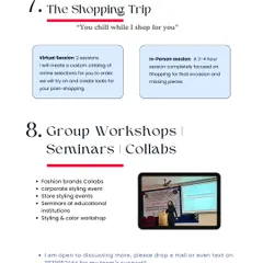 A closer look at some of my services, including virtual and in-person shopping trips, group workshops for corporate or educational settings, and brand collaborations.
