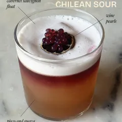 Deconstructing the Chilean Sour. This annotated view shows the layers of our craft: a pisco and guava shrub sour, deepened by a cabernet float and finished with delicate wine pearls.