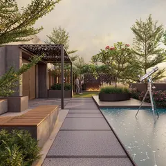 This rooftop terrace for "Pixelscapes" is designed for evening enjoyment, with a fire pit, subtle water feature lighting, and perimeter planting creating a cozy, resort-like feel.