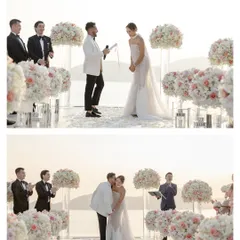 A collage from a Christian-style white wedding ceremony in Phuket. It shows the emotional vows, the first kiss, and the celebratory champagne toast against a stunning sea view.