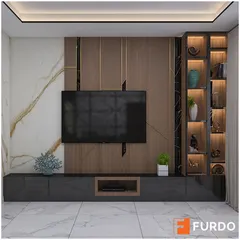 A luxurious TV unit design featuring a back panel of wood and marble, with high-gloss black cabinets below. The adjoining tall shelf with in-cabinet lighting is perfect for displaying decor.