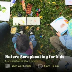 An overhead shot of our Nature Scrapbooking workshop for kids. Using leaves, flowers, and other natural treasures, children learn to create beautiful art that captures their memories of the farm.