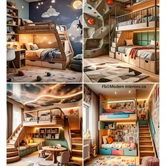 This collage shows four incredibly creative ideas for kids' rooms. From a starry night theme to a rock-climbing wall, these designs are all about making bedtime fun and inspiring imaginative play.